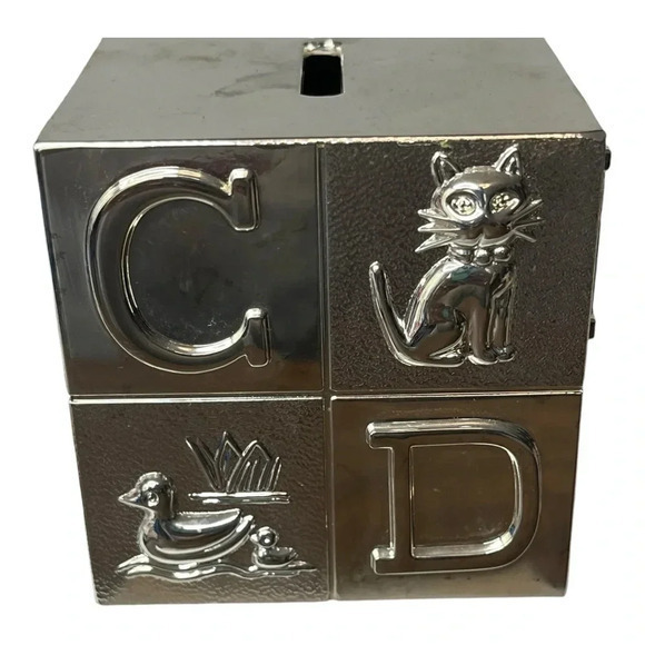 Vintage Silver Alphabet Baby Block Bank Animals Letters 3" Square Cube - Picture 4 of 6